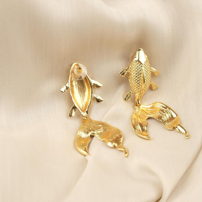 Handmade Gold Plated Koi Fish Stud Earrings, Elegant Symbolic Design with Flowing Tail, Artistic and Antique Looking Statement Jewelry Piece