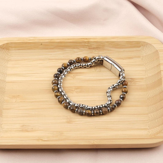 Stone of Courage, Tiger’s Eye, Hematite & Silver Beaded Leather Bracelet for Men, Crystal Bracelet Gift, Protective Wristband, 21cm / 8.26in