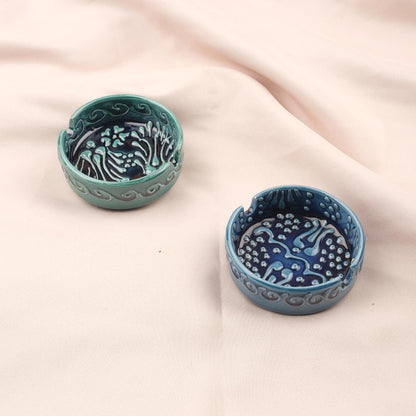 BUY 1 GET 1 Sunstone Balance – Gray & Blue Mandala Ashtray Set of 2, Handmade Ceramic with Anatolian Design, Boho Chic Decor