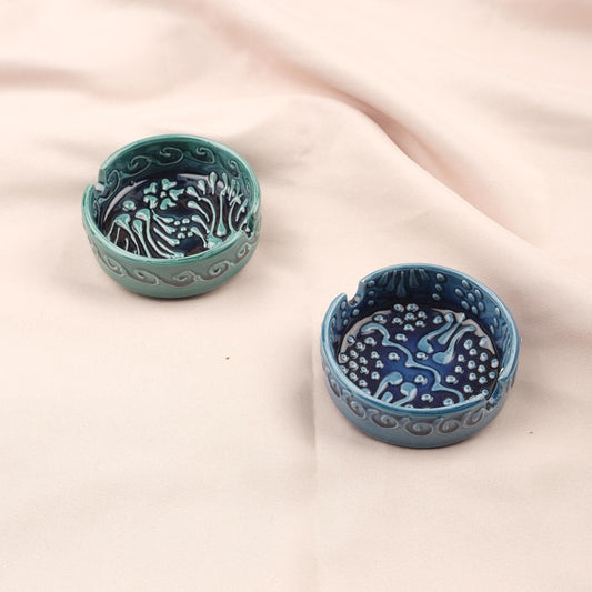 BUY 1 GET 1 Sunstone Balance – Gray & Blue Mandala Ashtray Set of 2, Handmade Ceramic with Anatolian Design, Boho Chic Decor
