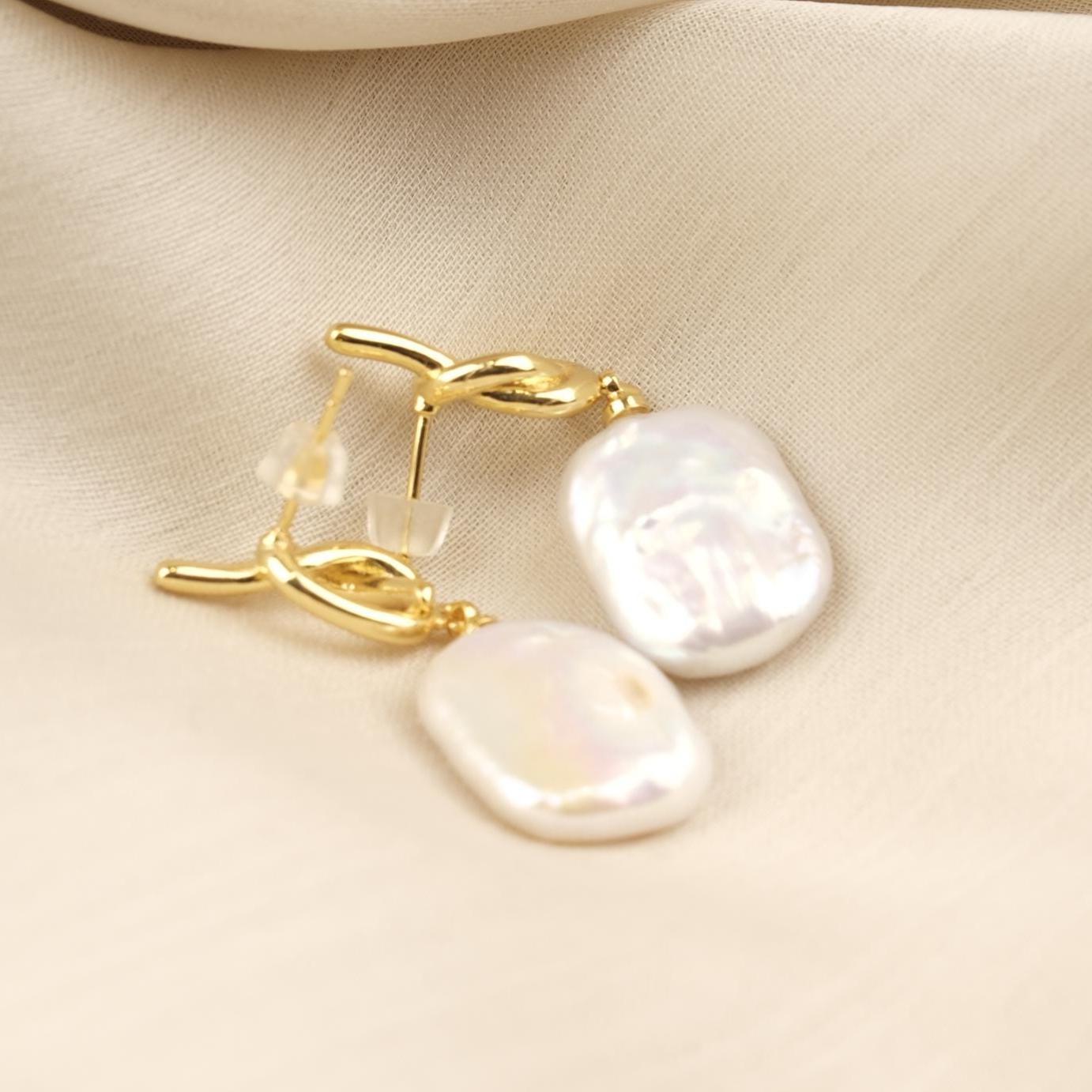 Handmade Genuine Pearl Tie Style Studs, Gold Plated Twisted Detail Earrings, Elegant Minimalist Jewelry For Women, Modern Freshwater Charm