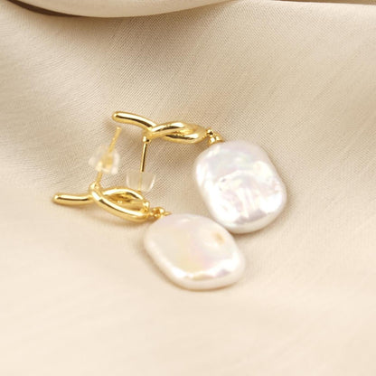 Handmade Genuine Pearl Tie Style Studs, Gold Plated Twisted Detail Earrings, Elegant Minimalist Jewelry For Women, Modern Freshwater Charm