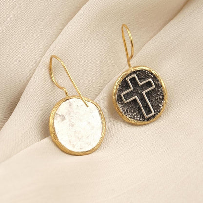 Handmade Gold Plated Cross Dangle Earrings, Textured Round Drop Design with Antique Looking Finish, Faith Inspired Elegant Gift for Her