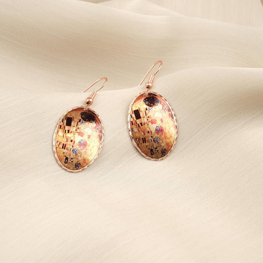 Gustav Klimt “The Kiss” Dangle Earrings in Pure Copper, Artistic Design | Handmade Vintage Style, Antique Looking Gift
