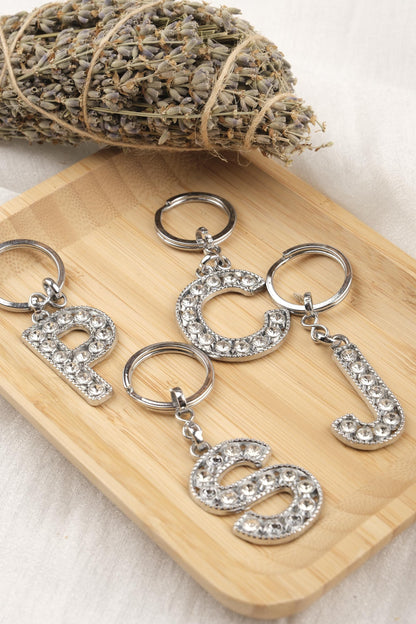 Shiny Silver Initial Keychain with Rhinestones, Personalized Letter Keyring Gift for Women, Custom Name Charm