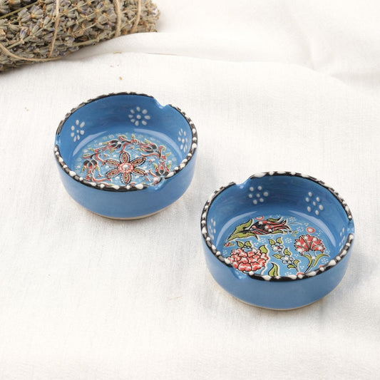 Buy1 Get1 | Dual Blue Ceramic Ashtray with Vintage-Inspired Lid, Handmade Small Smoking Tray, Elegant Antique Style Ashtray Gift for Home