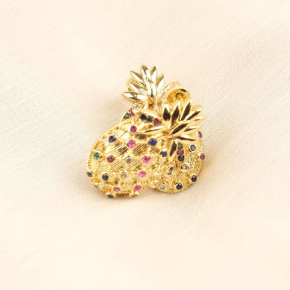 Handmade Gold Plated Pineapple Stud Earrings, Sparkling Diamond Detail Fruit Jewelry, Playful Tropical Design, Unique Fun Statement Style