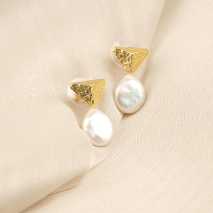 Handmade Genuine Pearl Stud Earrings, Pyramid Style Textured Gold Plated Design, Minimalist Chic Jewelry for Women, Artistic Modern Look