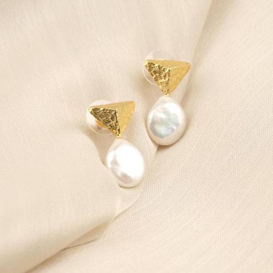 Handmade Genuine Pearl Stud Earrings, Pyramid Style Textured Gold Plated Design, Minimalist Chic Jewelry for Women, Artistic Modern Look