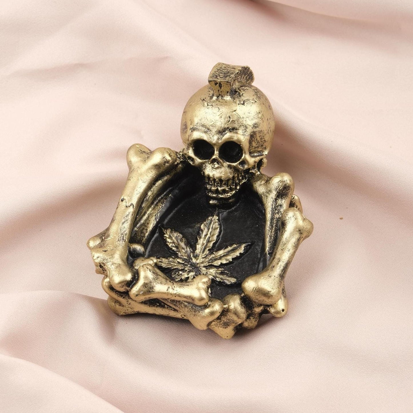 Gold & Black Marijuana Leaf Ashtray in Skeleton Form, Gothic and Hippie Art Cigarette Lid for Smokers, Unique Smoking Accessory | Skull Art