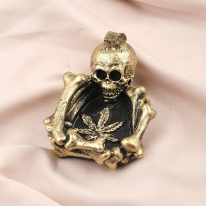 Gold & Black Marijuana Leaf Ashtray in Skeleton Form, Gothic and Hippie Art Cigarette Lid for Smokers, Unique Smoking Accessory | Skull Art
