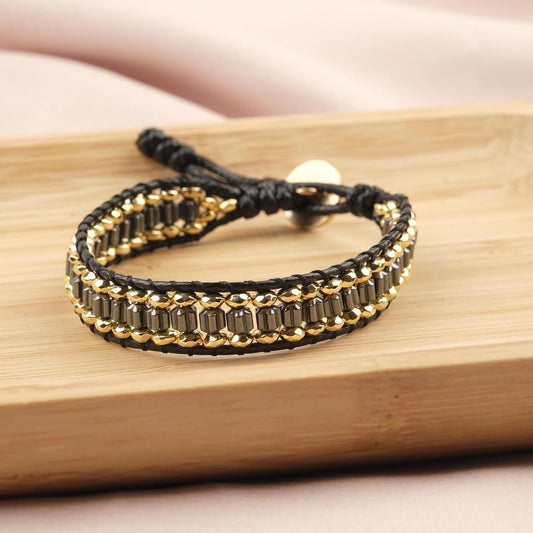 Luxury Stone of Power, Hematite & Gold Beaded Leather Bracelet for Men, Crystal Wristband Gift, Elegant Masculine Jewelry, 21cm / 8.26in
