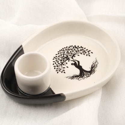 Black And White Ceramic Palo Santo Holder With Roots & Praying Woman Figure | Smudge Tray For Cleansing Rituals | 14x10x4cm Sandal Tray