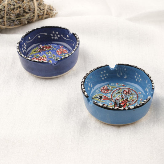 Buy1 Get1 | Blue & Navy Blue Ceramic Ashtray with Vintage Lid, Handmade Small Smoking Tray, Classic Antique Style Decorative Ashtray Gift