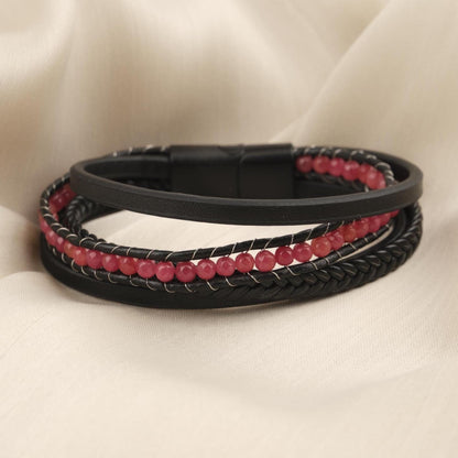 Handmade Bold Quartz and Genuine Leather Men's Bracelet, Multi-Layer Design with Titanium Lock, Statement Gemstone Jewelry | 22 cm (8.66 in)