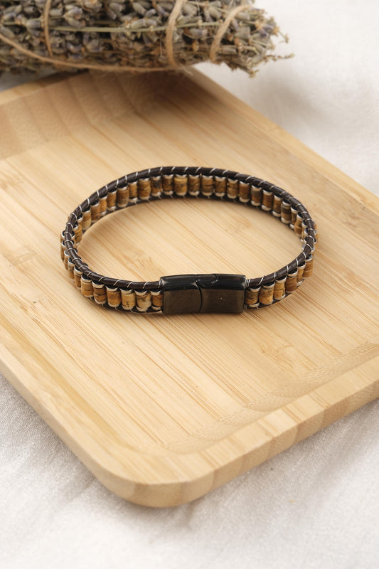 Stones of Courage and Grounding, Tiger Eye & Hematite Leather Bracelet for Men, Crystal Wristband Gift for Him