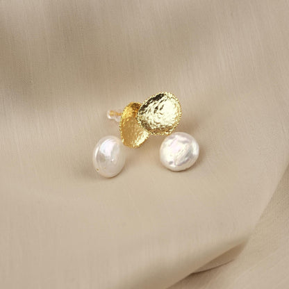 Handmade Gold Plated Stud Earrings with Genuine Freshwater Pearl, Antique Looking Dome Design, Elegant Artistic Minimal Jewelry Gift for her