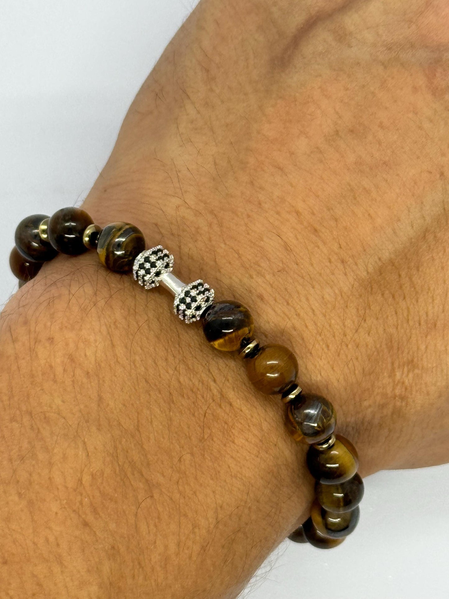 Silver Dumbbel Tiger Eye Hematite Bracelet for Him, Sacral Chakra Protection Gemini, Scorpio, Taurus, Cancer, Power Stone Men Gym Bracelet