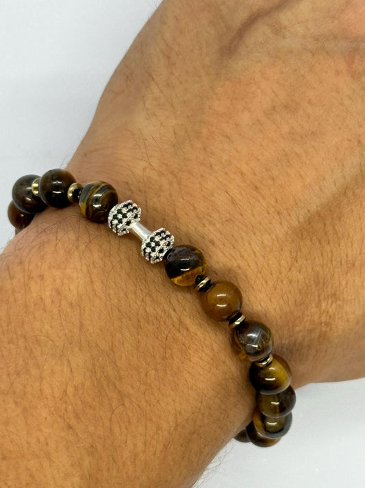 Silver Dumbbel Tiger Eye Hematite Bracelet for Him, Sacral Chakra Protection Gemini, Scorpio, Taurus, Cancer, Power Stone Men Gym Bracelet