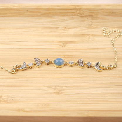 Aquamarine Moon & Star Charm Bracelet for Women, Gold Celestial Jewelry with Soft Blue Accent Stone, Calm Gift for Her, 22cm / 8.66in