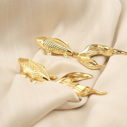 Handmade Gold Plated Koi Fish Stud Earrings, Elegant Symbolic Design with Flowing Tail, Artistic and Antique Looking Statement Jewelry Piece