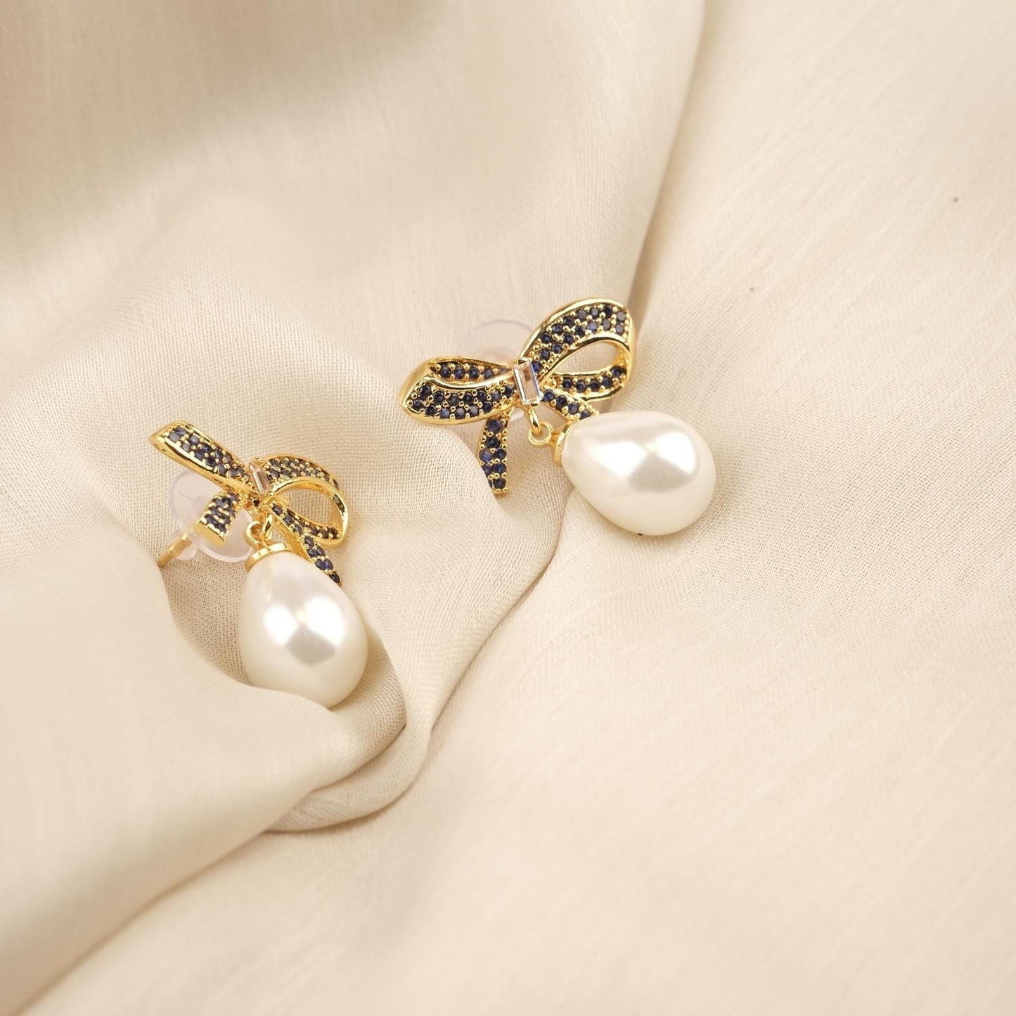 Handmade Gold Plated Bow Tie Stud Earrings, Elegant Drop Design with Faux Pearl, Chic and Feminine Retro Look, Unique Gift for Women Gift