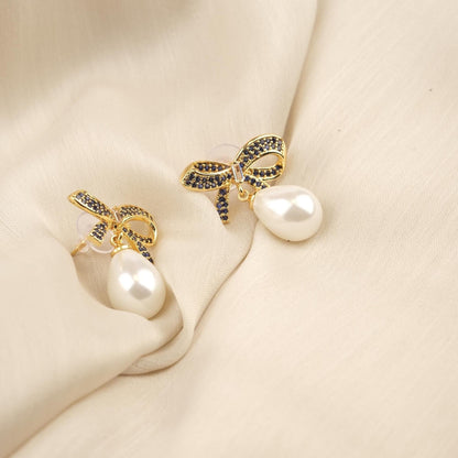 Handmade Gold Plated Bow Tie Stud Earrings, Elegant Drop Design with Faux Pearl, Chic and Feminine Retro Look, Unique Gift for Women Gift