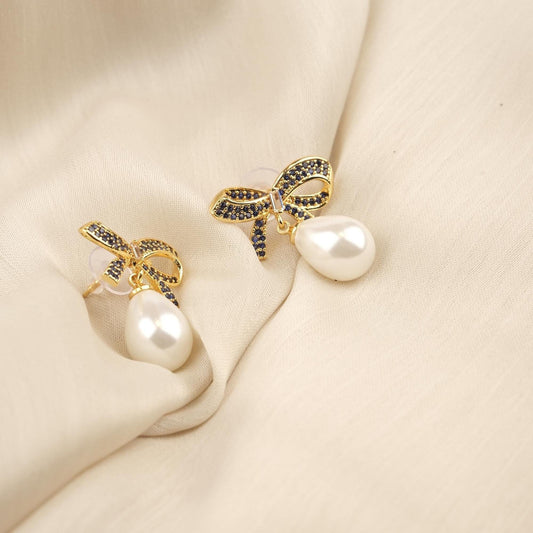 Handmade Gold Plated Bow Tie Stud Earrings, Elegant Drop Design with Faux Pearl, Chic and Feminine Retro Look, Unique Gift for Women Gift