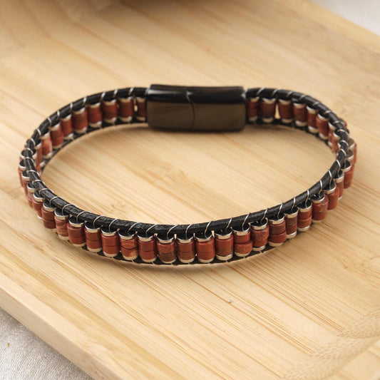 Stone of Vitality, Red Jasper Leather Bracelet for Men, Natural Gemstone and Leather Bracelet Gift, Crystal Jewelry for Him | Titanium Lock