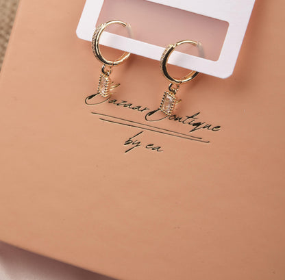 Gold Rectangle Pink Emerald Earrings, Elegant Minimalist Hoops For Women Who Glow, Feminine Statement Jewelry In Brass