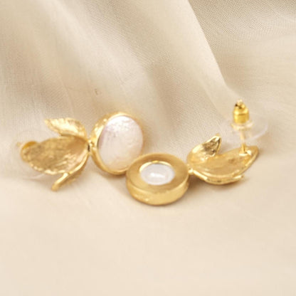 Handmade Genuine Pearl Stud Earrings, Gold Plated Leaf Design, Artistic Nature-Inspired Jewelry for Women, Elegant Lightweight Statement