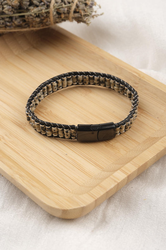 Stone of Joy, Dalmatian Jasper Leather Bracelet for Men, Genuine Gemstone Wristband, Unique Gift for Him or Boyfriend, 8cm, 4in