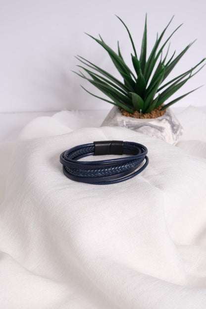 Navy Blue Men's Bracelet 22cm Genuine Leather Multi-Layer Braided Wrap Wristband with Magnetic Clasp Bold Stylish Gift for Him