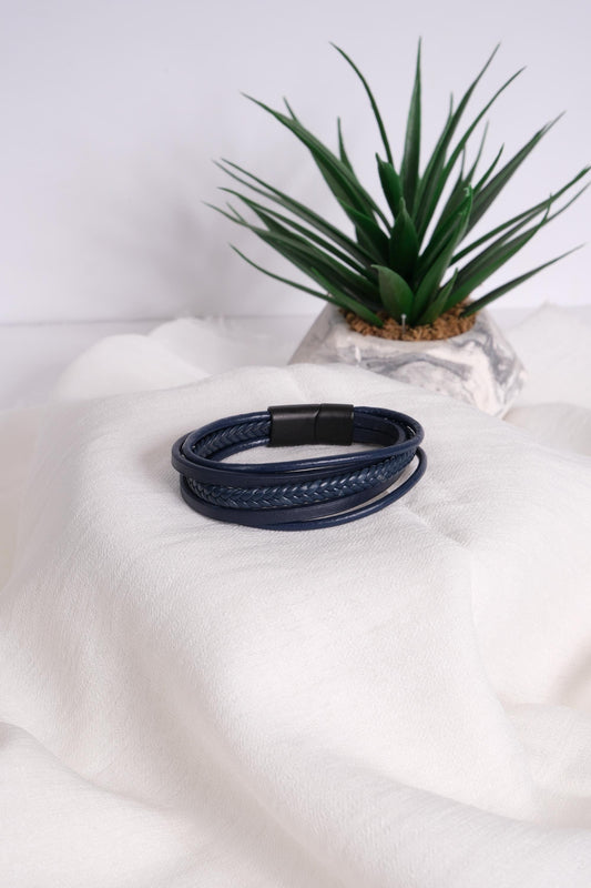 Navy Blue Men's Bracelet 22cm Genuine Leather Multi-Layer Braided Wrap Wristband with Magnetic Clasp Bold Stylish Gift for Him