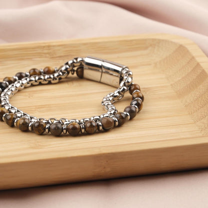 Stone of Courage, Tiger’s Eye, Hematite & Silver Beaded Leather Bracelet for Men, Crystal Bracelet Gift, Protective Wristband, 21cm / 8.26in