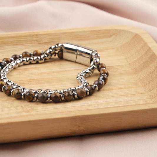 Stone of Courage, Tiger’s Eye, Hematite & Silver Beaded Leather Bracelet for Men, Crystal Bracelet Gift, Protective Wristband, 21cm / 8.26in