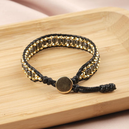 Luxury Stone of Power, Hematite & Gold Beaded Leather Bracelet for Men, Crystal Wristband Gift, Elegant Masculine Jewelry, 21cm / 8.26in
