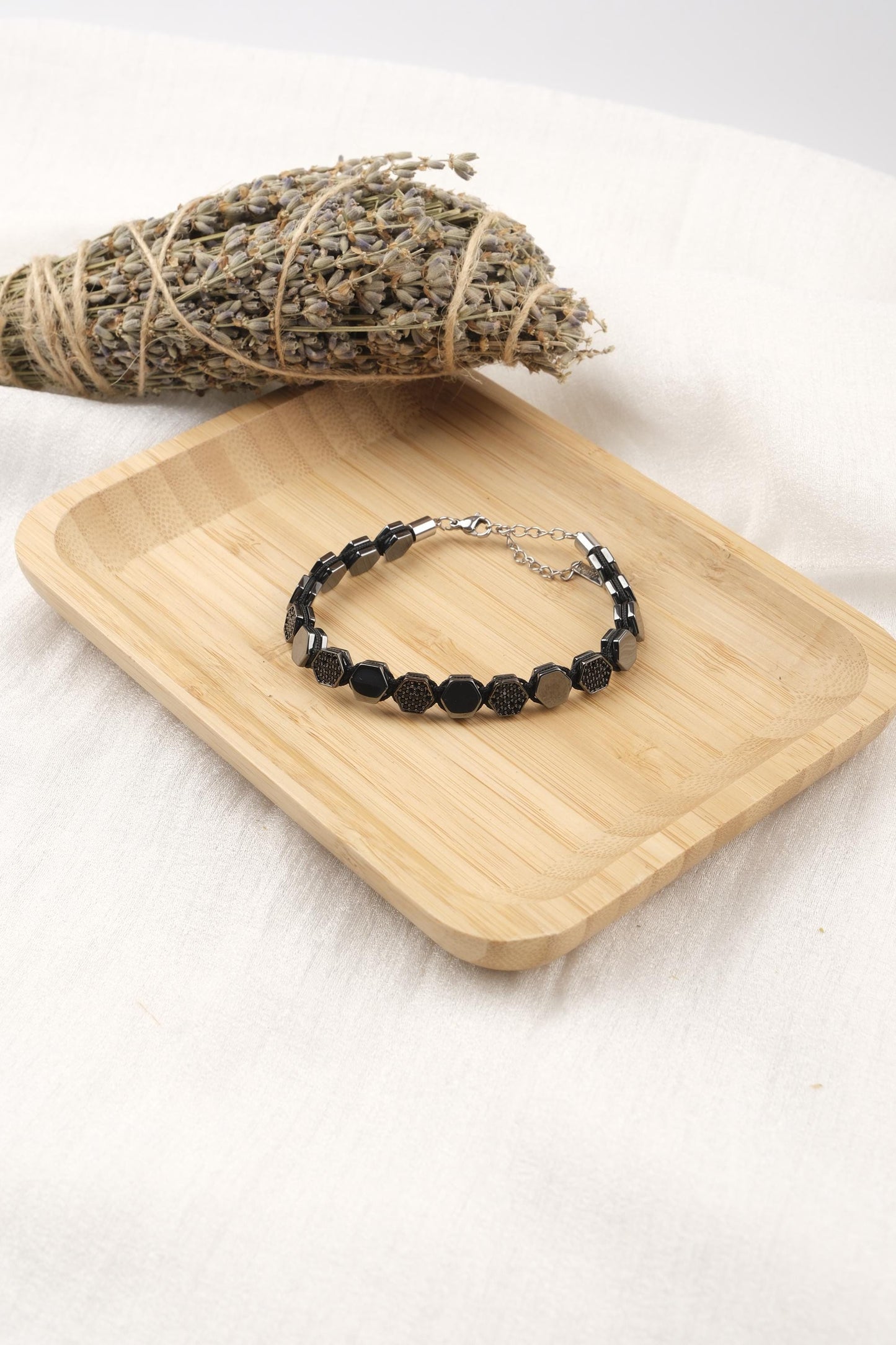Geometric Edge, Hexagon Hematite Bracelet for Men in Silver and Black, Adjustable Crystal Jewelry, No Leather, Gift for Him