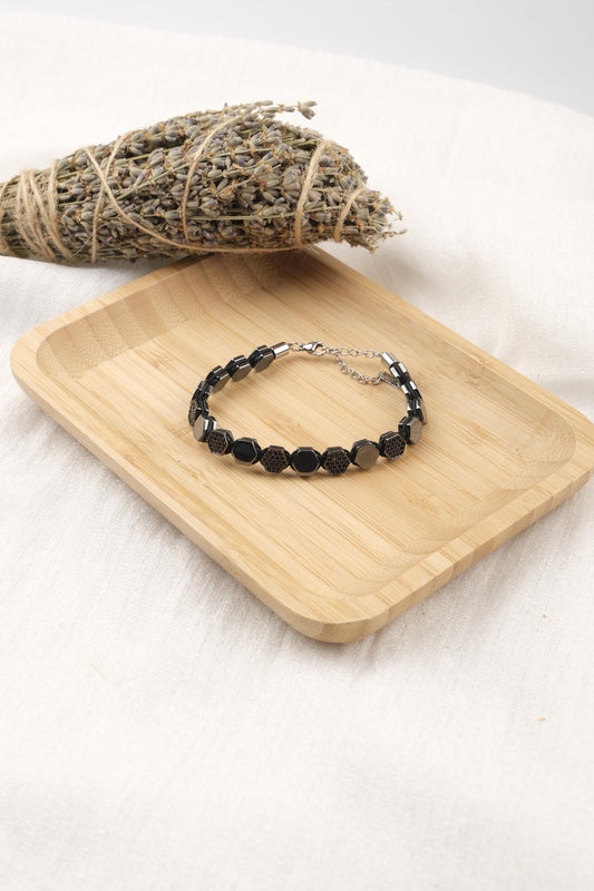 Geometric Edge, Hexagon Hematite Bracelet for Men in Silver and Black, Adjustable Crystal Jewelry, No Leather, Gift for Him