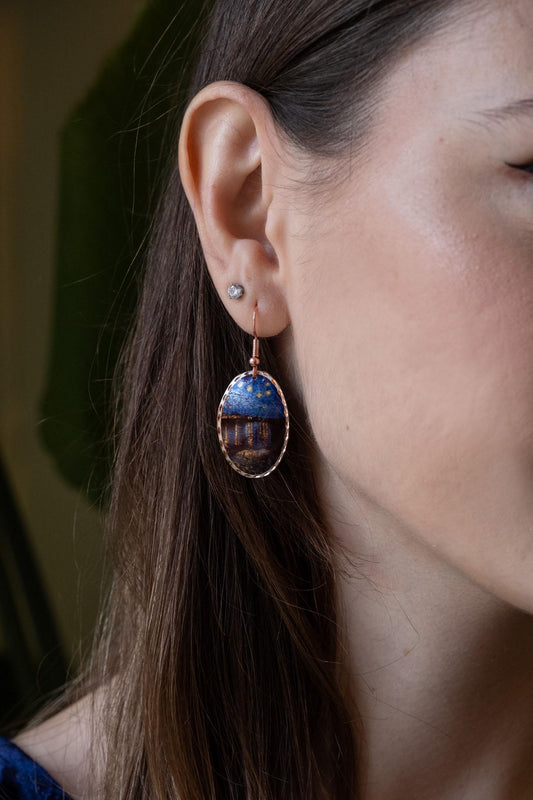 Vincent van Gogh “Starry Night Over the Rhône” Dangle Earrings in Pure Copper, Artistic Design, Handmade Vintage Style, Antique Looking Gift
