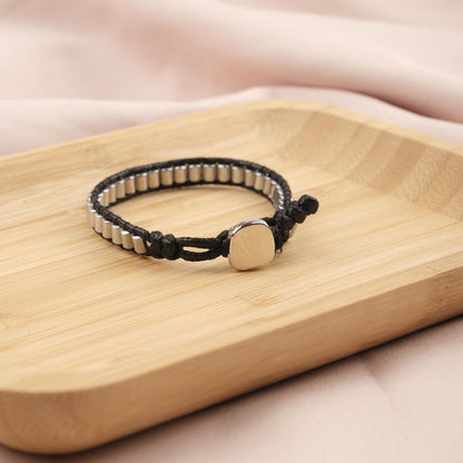 Stone of Grounding, Hematite & Leather Bracelet for Men, Dark Grey Crystal Bracelet Gift, Minimalist Wristband, 21cm / 8.26in