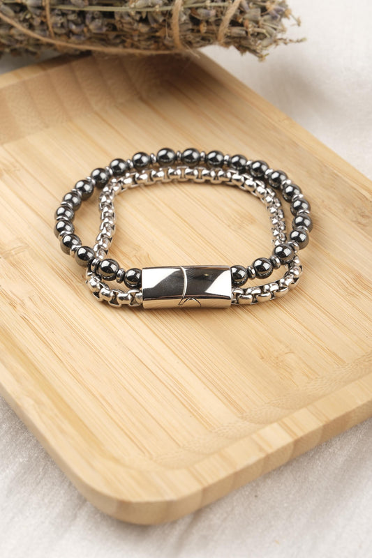 Bold Simplicity, Silver and Black Hematite Bracelet for Men, Leather-Free Crystal Wristband, Minimalist Gift for Him