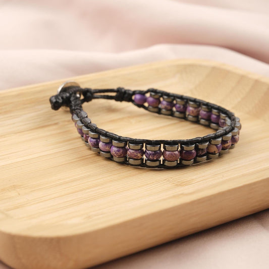 Stone of Clarity, Amethyst & Leather Bracelet for Men, Purple Crystal Bracelet Gift with Hematite, Stylish Wristband, 21cm / 8.26in