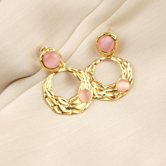 Handmade Gold Plated Stud Earrings with Rose Quartz Gemstones, Artistic Drop Design, Vintage Style Elegant Gift, Unique Statement Jewelry