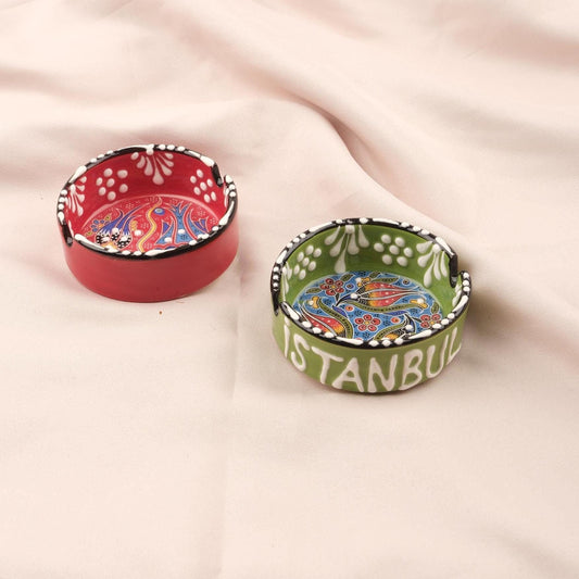 Buy1 Get1 | Handmade, Antique Looking Vintage Style Ashtray in Istanbul Writing with Red and Green Colors