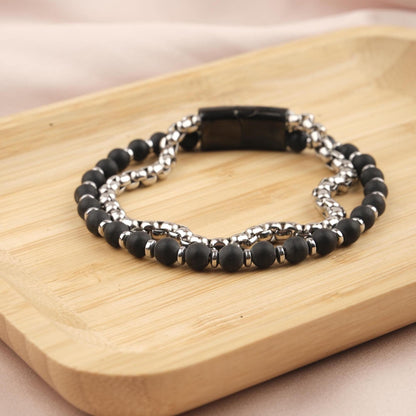 Stone of Strength, Black Matte Onyx & Hematite Leather Bracelet for Men, Crystal Protection Bracelet Gift, Bold Wristband, 21cm / 8.26in