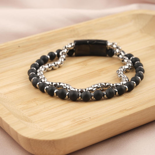 Stone of Strength, Black Matte Onyx & Hematite Leather Bracelet for Men, Crystal Protection Bracelet Gift, Bold Wristband, 21cm / 8.26in
