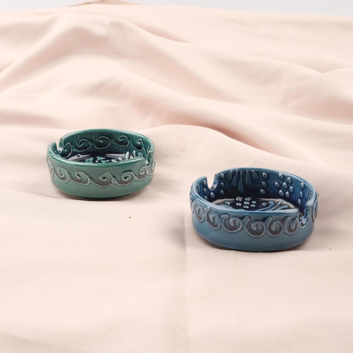 BUY 1 GET 1 Sunstone Balance – Gray & Blue Mandala Ashtray Set of 2, Handmade Ceramic with Anatolian Design, Boho Chic Decor