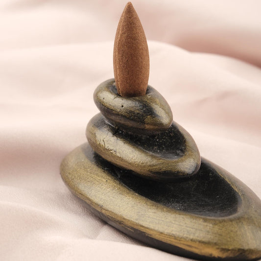 3 Stone Backflow Incense Burner in Brown, Aromatherapy Ash Lid for Meditation & Yoga Lovers, Incense Holder in Stone Design, Smoke Waterfall