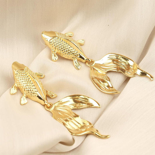 Handmade Gold Plated Koi Fish Stud Earrings, Elegant Symbolic Design with Flowing Tail, Artistic and Antique Looking Statement Jewelry Piece